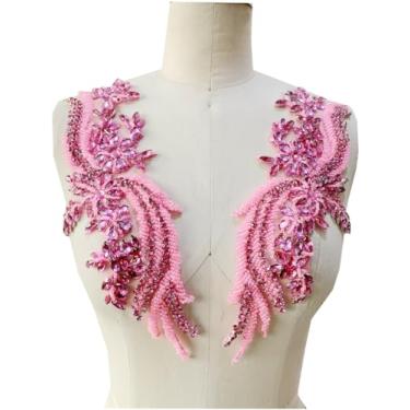 Imagem de Aplique de renda de strass feito à mão apliques de acabamento de contas para acessórios de roupas de vestido 35 x 12 cm um par/bolsa (rosa claro)