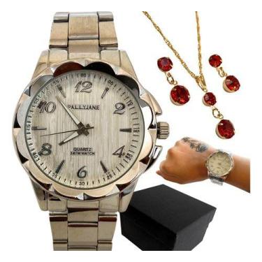 Imagem de Relógio Feminino Dourado Luxo + Conjuto Folheados + Brincos - EEA SEMI