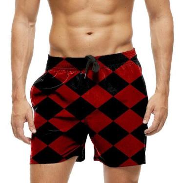 Imagem de Short Praia Shorts Banho Bermuda Verão Xadrez Preto Vermelho 603 - SMO