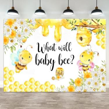 Imagem de ASDCXZ Pano de fundo revelador de gênero de 2,1 x 1,5 m What Will Baby Bee Photography Background branco floral favo de mel amarelo girassol folhas verdes para chá de bebê, decoração de festa para