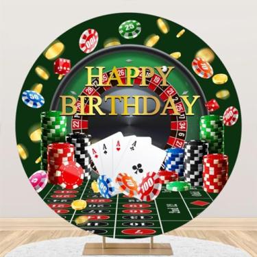 Imagem de DORCEV 2,2 x 2,2 m Las Vegas Feliz Aniversário Capa de fundo redondo jogo noite casino tema noite círculo fotografia fundo vermelho verde ouro glitter pôquer dados roleta masculina decoração festa de