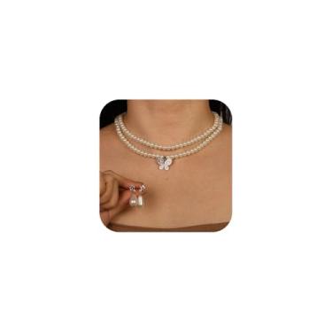 Imagem de Denifery Conjunto de brincos e colar de gargantilha de pérola, colar de strass, brincos, bijuterias para mulheres, adjustable, Metal, Sem Pedra Preciosa