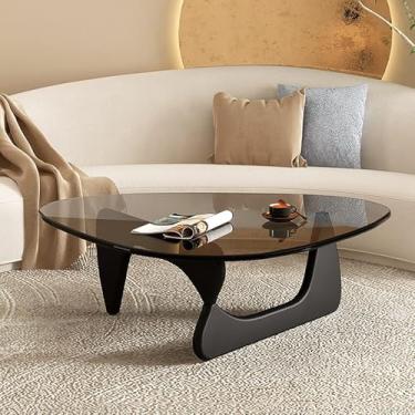 Imagem de Mesa de centro triangular de vidro, mesa de centro moderna de meados do século, mesa de canto abstrata com base de madeira, mesa de centro pequena de vidro para sala de estar, escritório em casa,
