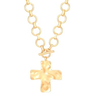 Imagem de ERLOSYA Colar de cruz banhado a ouro 14 k para homens e mulheres, joias modernas simples, presente moderno, de aço inoxidável, crucifixo, colares com pingente para homens e mulheres, big, Metal, Sem