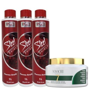 Imagem de Kit 3 Escova Progressiva 1ka Steel Shield Alisamento Capilar Orgânico 1L + Máscara Cronograma Capilar Ação Neutralizante 7in1 500g Maochi Cosméticos