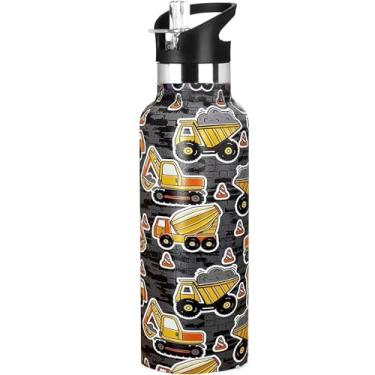 Imagem de Xinvast Garrafa de água escavadeira adulto crianças com tampa de canudo isolado canecas de viagem de aço inoxidável para esportes academia ao ar livre 590 ml