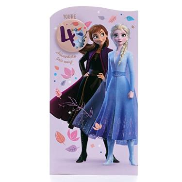 Imagem de UK Greetings Cartão de aniversário de 4 anos da Disney para ela/menina com envelope – Design Frozen com Elsa e Anna