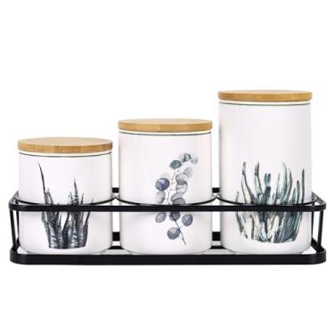 Imagem de XYQXYQ Conjunto de Vasilhas de Cerâmica para Bancada de Cozinha- Um Conjunto de 3 Vasilhas de Cozinha com Prateleira Em Camadas, Recipientes Herméticos para Farinha e Açúcar Na Ban(, Plantas Verdes B)