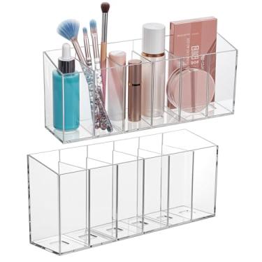 Imagem de Molain Pacote com 2 porta-pincéis de maquiagem, estojo de lápis com 6 compartimentos, porta-canetas, organizadores de acrílico transparente com divisórias removíveis para mesa, escritório, penteadeira
