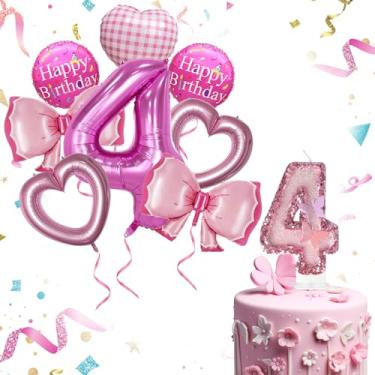 Imagem de JonesLi Pacote com 9 velas e balões de borboletas, com 1 vela número 4 borboletas, conjunto de 8 balões de borboleta rosa, adequado para decorações de festas temáticas Minnie Mouse, festas temáticas