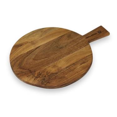 Imagem de Vesta Homes Tábua de corte redonda de madeira | 43 x 33 cm | Tábua de cortar/tábua de servir, travessa para pizza, legumes, frutas e queijo | Madeira de acácia natural | Feita à mão na Índia