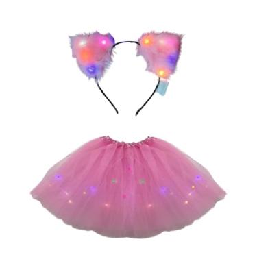 Imagem de Fantasia gato para carnaval kit saia de tule 40cm + tiara de gato com led completa (Rosa)