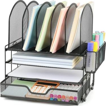 Imagem de ORDROLL Organizadores de papel de mesa e acessórios, bandejas de letras de 3 camadas com 5 suportes de arquivo verticais, gaveta e suporte de caneta (preto)