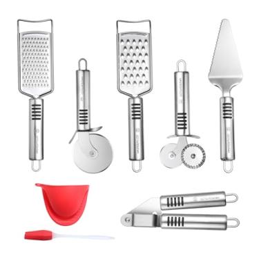 Imagem de Conjunto de utensílios de pizza de aço inoxidável e utensílios de cozinha (conjunto de 6 peças) ̈C inclui roda de cortador de pizza, ralador de chocolate e queijo, máquina de torta e bolo serrilhado, espremedor de alho, escova gratuita e luva de forno de bônus, 6 PCS Stainless Steel Pizza Tools Set