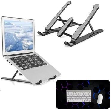Imagem de Kit Suporte para Notebook Ajustável Dobrável Metal+ABS + Mouse Pad Gamer 30x80cm Impermeável Antiderrapante