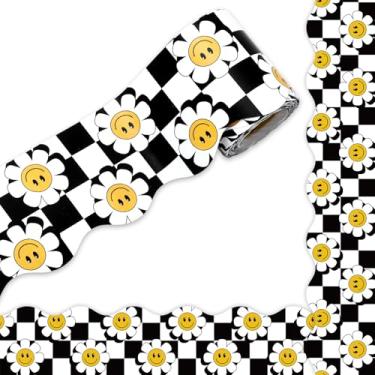 Imagem de JarThenaAMCS Rolo de borda de quadro de avisos de margarida sorriso, preto e branco, flor quadriculada, corte de matriz, para decoração de quadro-negro de sala de aula