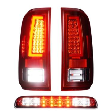 Imagem de Luzes traseiras de LED + 3º terço lâmpada de carga de freio para Ford F150 2008-2016 (modelo de cama Fleetside), conjunto de luz traseira de parada de montagem alta, lente vermelha com carcaça cromada