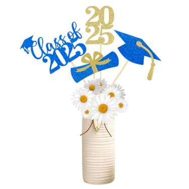 Imagem de 16 Pieces 2025 Graduation Centerpieces Sticks Gold and Blue Glitter Class of 2025 Graduation Centerpieces for Tables Diploma Grad Cap Table Flower Toppers Party Decorations