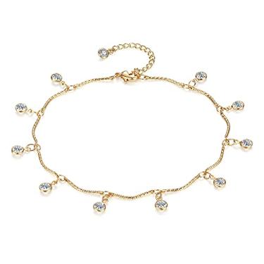 Imagem de MYEARS Tornozeleira feminina de ouro com pingente delicado corrente de pé banhada a ouro 14 K verão praia simples linda joia presente, Metal, Zircônia cúbica,