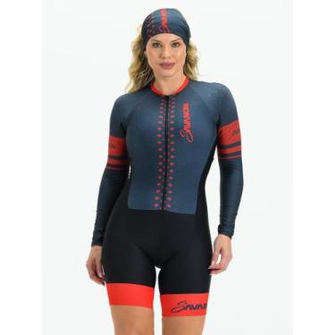 Imagem de Macaquinho Ciclismo Feminino - Forro em Gel - Manga Longa Cinza e Verm