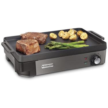 Imagem de Churrasqueira Elétrica de Ferro Fundido Hamilton Beach Professional, 25 x 40cm, Antiaderente, Ajuste de Temperatura até 232°C, Preta 38560