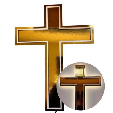 Imagem de Crucifixo com LED, Cruz com Iluminação, MDF Dourado, 40 cm