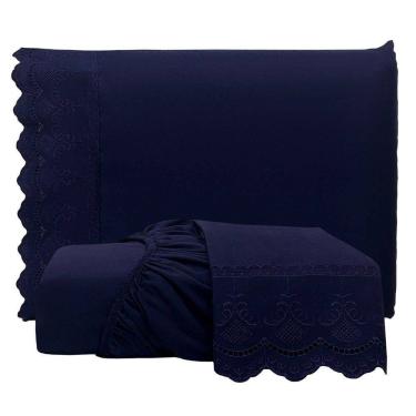 Imagem de Jogo De Lençol King Bordado Ingles Micropercal 300 Fios Toque De Algodão 3 Peças - Azul Marinho