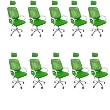 Imagem de Kit 10 Cadeiras Escritório Diretor Oficial Tela Mesh Apoio Nuca Verde Branco