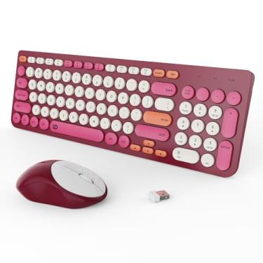 Imagem de Combo de teclado e mouse sem fio, teclado redondo colorido de 2,4 GHz para escritório, computador, desktops, laptop (96 teclas rosa vermelha)