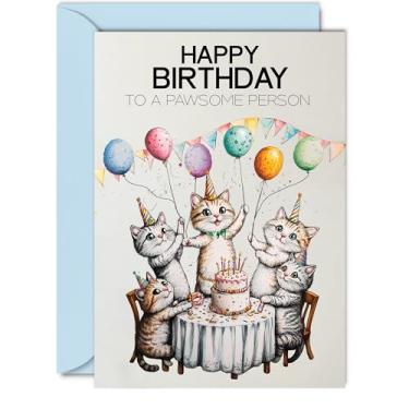 Imagem de Cartão de aniversário Pawsome Person - Balões de gatos de festa pawsome - Cartão de feliz aniversário para vizinhos de amigos de trabalho, cartões comemorativos de aniversário de gato macho fêmea A5