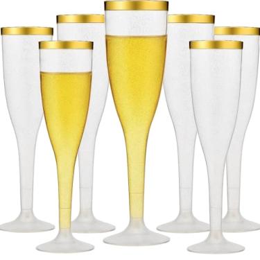 Imagem de 90 taças de champanhe descartáveis de plástico de 184 g, ideais para brindar casamentos, aniversários, chás de bebê, coquetéis, festas, 184 g (glitter dourado com aro dourado)
