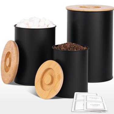 Imagem de Candco Conjuntos de Vasilhas para Bancada de Cozinha, Conjunto de 3 Vasilhas de Cozinha de Metal Preto, Recipientes para Armazenamento de Farinha e Açúcar com Tampa Hermética e Ade (, Preto)