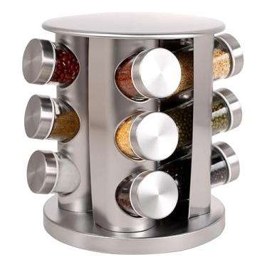 Imagem de Porta Temperos Giratório em Inox, 12 Potes de Vidro com Tampa, Base Giratória 360°, Organizador de Condimentos para Cozinha