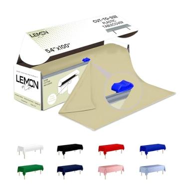 Imagem de LEMON + Co. Rolo de toalha de mesa de plástico premium bege - 137 cm x 100' para festas com caixa cortadora - toalha de mesa retangular cortada no tamanho retangular e redonda descartável toalha de