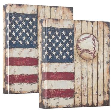 Imagem de Fichário redondo retrô com bandeira americana de beisebol, 3 cm, softball, fundo de madeira, 3 anéis, para escritório, escola, material de trabalho, pasta de arquivos, capacidade para 200 folhas