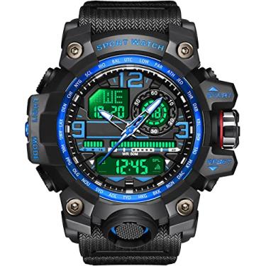 Imagem de findtime Relógios táticos masculinos para homens, relógio militar Reloj Militar para Hombre Sports Outdoor Impermeável Digial Analógico Alarme Cronômetro Big Face Relógio de Pulso, Azul, Esportivo