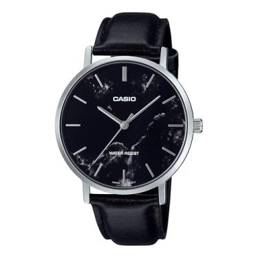 Imagem de Casio MTP-VT01LM-1A Relógio analógico masculino minimalista com mostrador preto marmorizado com 3 ponteiros, Preto