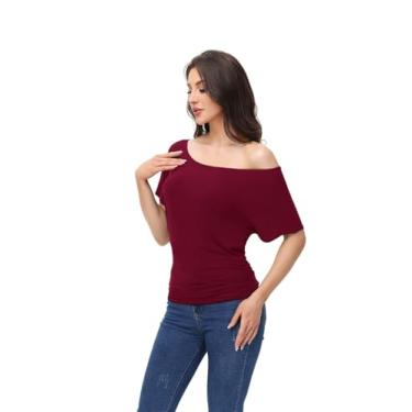 Imagem de Camisetas femininas grandes franzidas casuais Dolman manga curta gola canoa verão ombro de fora regular plus size, Borgonha, 3G