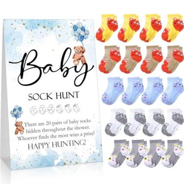 Imagem de Hoteam 21 peças de jogos de chá de bebê incluem placa de caça de meias de bebê e 20 pares de meias pequenas de algodão placa de mesa de madeira com suporte para meninos e meninas gênero revelar