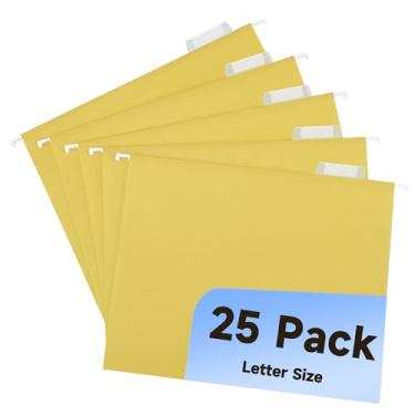 Imagem de pmybupo Pastas de arquivo suspensas, pacote com 25 pastas de arquivo amarelas tamanho carta com abas de corte 1/5, ideal para organização de casa e escritório e classificação de papéis