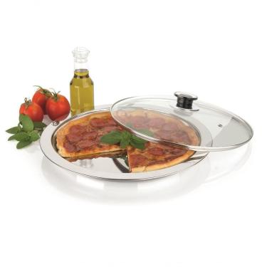 Imagem de Prato Para Servir Pizza Aço Inox Com Tampa De Vidro Multiuso Mesa Redondo Travessa Forma