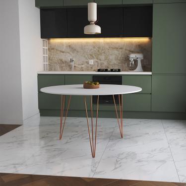 Imagem de Mesa De Jantar Redonda 110Cm Branca Clips 3 Pés Base Cobre