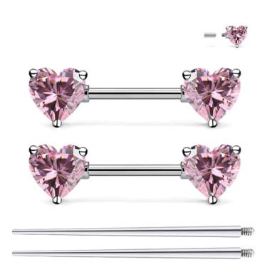 Imagem de Ruifan Piercing de mamilo de titânio roscado internamente anel coração rosa zircônia cúbica língua anéis de barra reta piercing corporal joias para mulheres homens 14G 14 mm com cone de piercing reto
