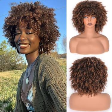 Imagem de Vitorish Peruca De Cabelo Sintético Cacheado Crespo Afro Com Franja, Aproximadamente 230 G/Peça, Feita À Máquina, Couro Cabeludo, 10 Polegadas, Perucas Cosplay Para Mulheres (Preto A Castanho)