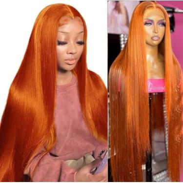 Imagem de Poysew Peruca De Renda Frontal Ruiva Lisa 34 Polegadas, Cabelo Humano Para Mulheres, Laranja 13X4 Hd Transparente, Pré-Selecionada Com Cor Bebê, Densidade 180%