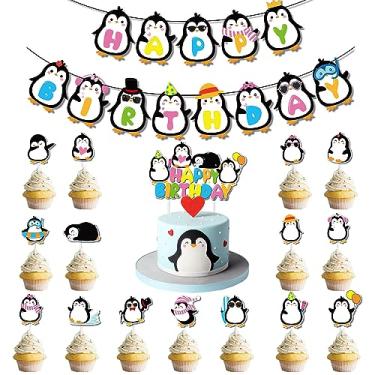 Imagem de Kinyanco Conjunto De Decoração Para Festa Aniversário Pinguim, 2 Faixas Alegres Com 16 Toppers Bolo E Cupcake, Itens Fofos Tema Desenho Animado Chá Bebê