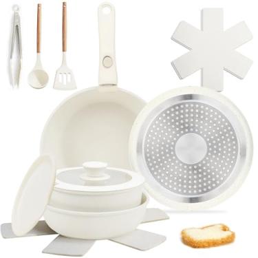Imagem de Numola Conjunto De 12 Panelas E Frigideiras Antiaderentes Com Alça Removível, Utensílios Cozinha Cerâmica Empilháveis, Indução Para Trailers, Laváveis Na Máquina Lavar Louça Forno, Creme Branco