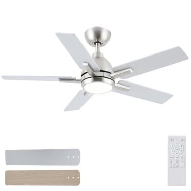 Imagem de Sevenine Ventiladores De Teto 42" Com Luzes E Controle Remoto, Ventilador Níquel Para Quarto, Sala Estar, Interno/Externo, 5 Pás, Haste Descendente, Motor Cc Reversível Ultrassilencioso 6 Velocidade