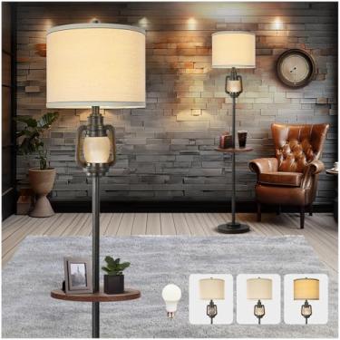 Imagem de LuxSight Collection Luminária De Chão Estilo Fazenda Com Bandeja Para Sala Estar, Luz Noturna Vintage, Abajur Alto Tecido Linho, Industrial, Quarto, Escritório, Casa, Estudo (Lâmpada Incluída)