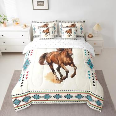 Imagem de jejeloiu Conjunto de edredom com lençol de solteiro, decoração ocidental, cavalo, cama em bolsa, sudoeste, nativo asteca, 7 peças, fazenda, vida selvagem, bege, branco